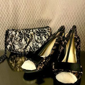 Black Lace Overlay Slingbacks sz 6 & Matching Express Clutch